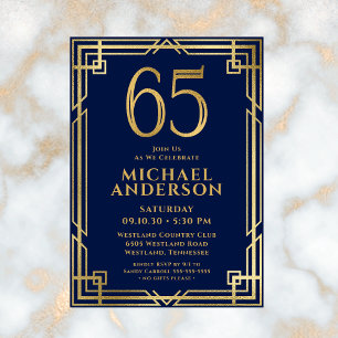 Invitación Foto de cumpleaños número 65 en azul marino y dora