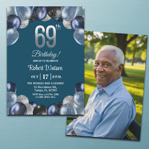 Invitación Foto de cumpleaños número 69 con brillo azul elega