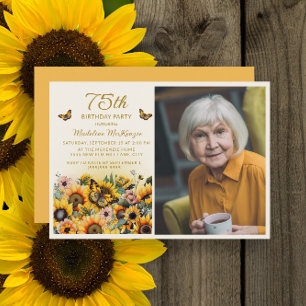 Invitación Foto de cumpleaños número 75 con girasoles y marip