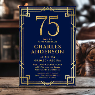 Invitación Foto de cumpleaños número 75 en azul marino y dora