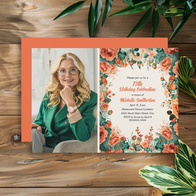 Invitación Foto de cumpleaños número 75 floral verde menta na (Orange watercolor floral photo 75th birthday party invitation)