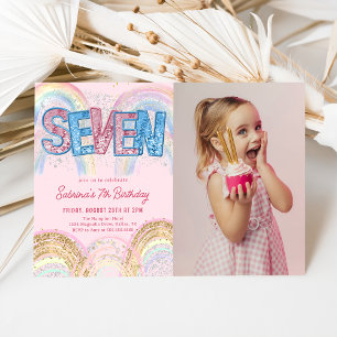 Invitación Foto de cumpleaños número 7 con lentejuelas de pur