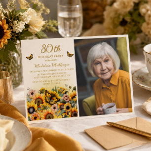 Invitación Foto de cumpleaños número 80 con girasoles y marip