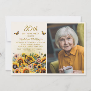 Invitación Foto de cumpleaños número 80 con girasoles y marip