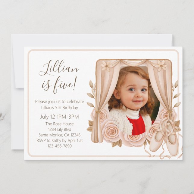 Invitación Foto de cumpleaños número cinco de niñas bailarina (Anverso)