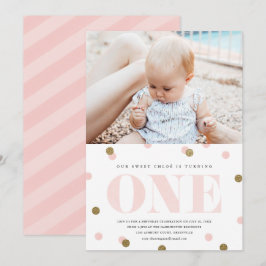 Invitación Foto de cumpleaños número uno con confeti rosa y d