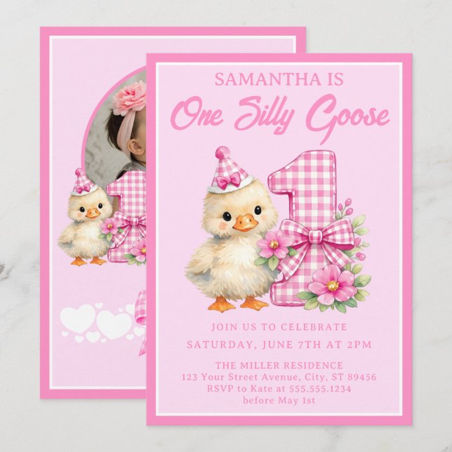 Invitación Foto de cumpleaños número uno con lazo de gingham  (Anverso / Reverso)