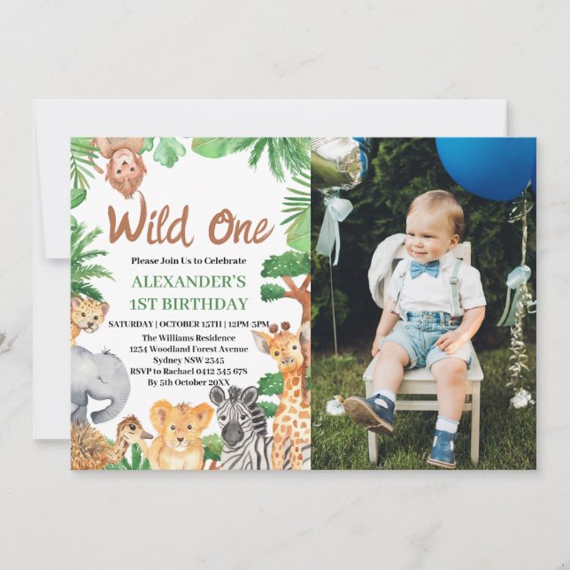 Invitación Foto de cumpleaños número uno de animales de safar (Anverso)