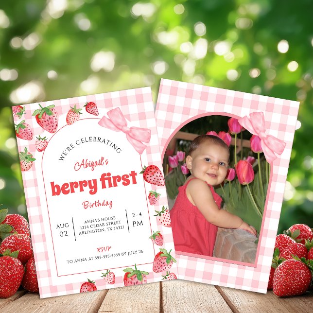 Invitación Foto de cumpleaños número uno de Berry con lazo ro (Subido por el creador)