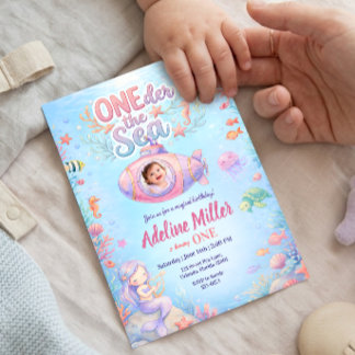 Invitación Foto de cumpleaños número uno de la niña bajo el m