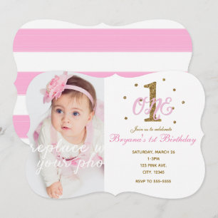 Invitación Foto de cumpleaños número uno de niñas rosa y dora