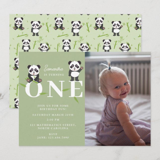 Invitación Foto de cumpleaños número uno de Panda Bear Kawaii (Anverso / Reverso)