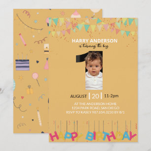 Invitación Foto de cumpleaños número uno en amarillo mostaza,