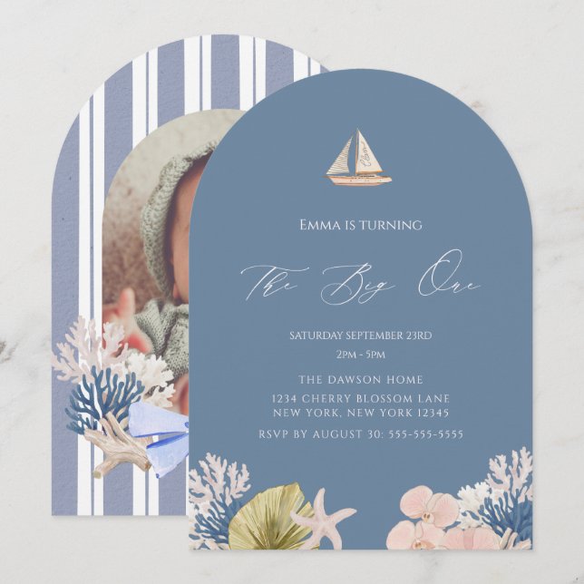 Invitación Foto de cumpleaños número uno en barco de playa co (Anverso / Reverso)