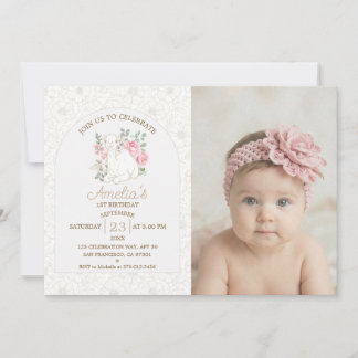 Invitación Foto de cumpleaños número uno floral camello acuar