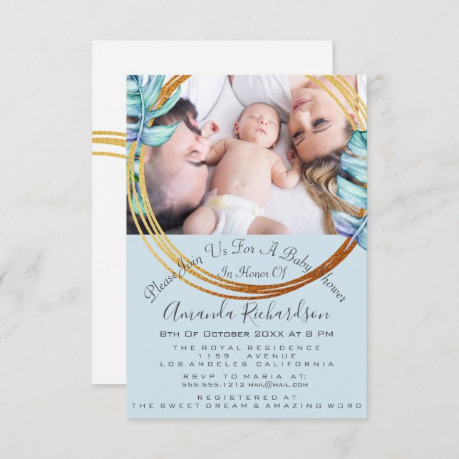 Invitación Foto de cumpleaños Pastel Blue Wreath de Baby Show (Anverso / Reverso)