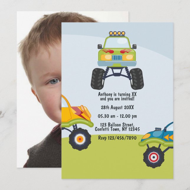 Invitación Foto de cumpleaños personalizada de camión monstru (Anverso / Reverso)