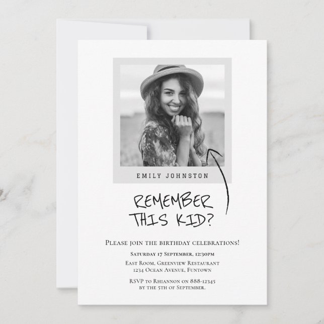 Invitación Foto de cumpleaños retro en blanco y negro (Anverso)