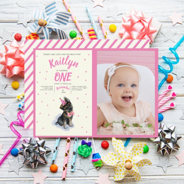 Invitación Foto de cumpleaños rosa de pastor 🐶 pastor alemán (Puppy 🐶 German Shepherd Pink Birthday Photo Invitation)