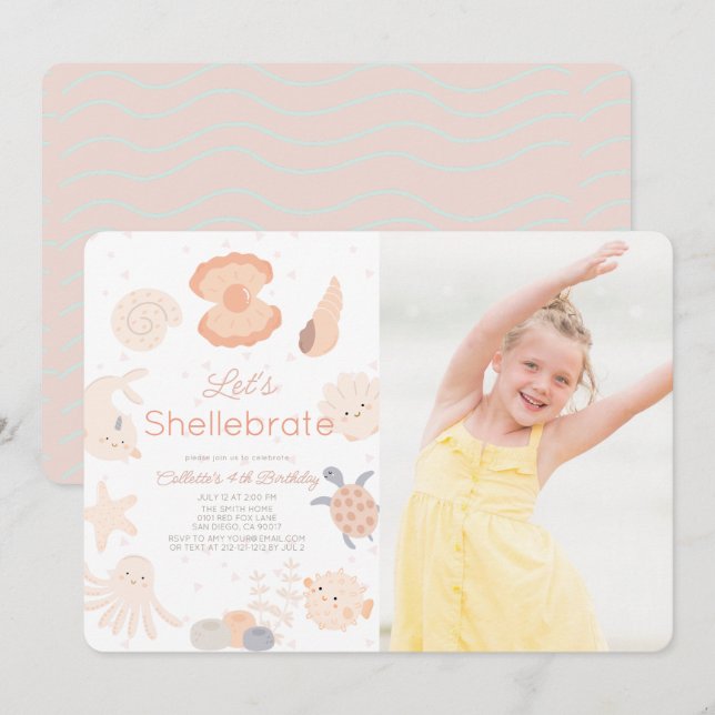 Invitación Foto de cumpleaños rosado de Shellebrate Seashell (Anverso / Reverso)