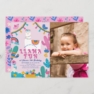 Invitación Foto de cumpleaños rosado del Chica Llama Fun Alpa