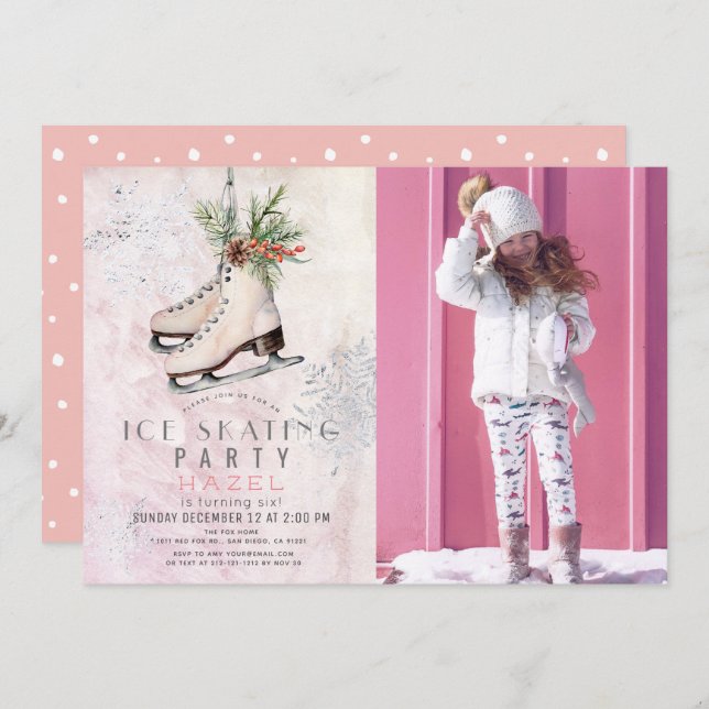 Invitación Foto de cumpleaños rosado del Fiesta de patinaje s (Anverso / Reverso)
