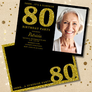 Invitación Foto de cumpleaños sorpresa 80 Glitter Oro Negro 