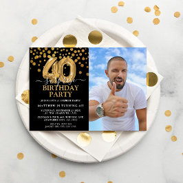Invitación Foto de cumpleaños sorpresa moderna de negro y dor
