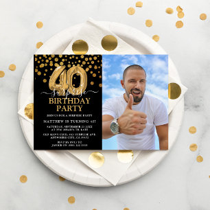 Invitación Foto de cumpleaños sorpresa moderna de negro y dor