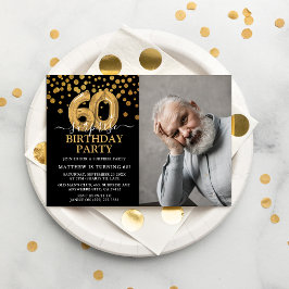 Invitación Foto de cumpleaños sorpresa moderna de negro y dor