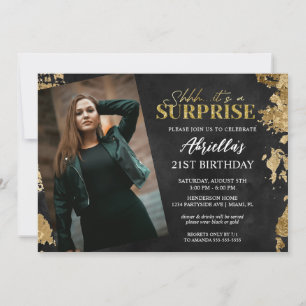 Invitación Foto de cumpleaños sorpresa moderna en negro y dor