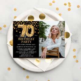 Invitación Foto de cumpleaños sorpresa moderna en negro y dor