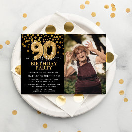 Invitación Foto de cumpleaños sorpresa moderna negra y dorada
