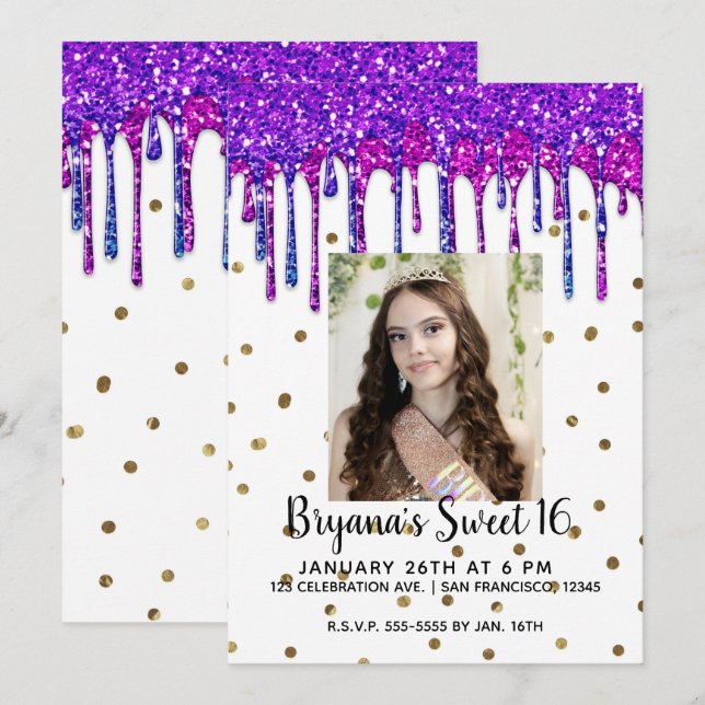 Invitación Foto de Cumpleaños Sweet 16 con Drip de Brillo Ros (Anverso / Reverso)