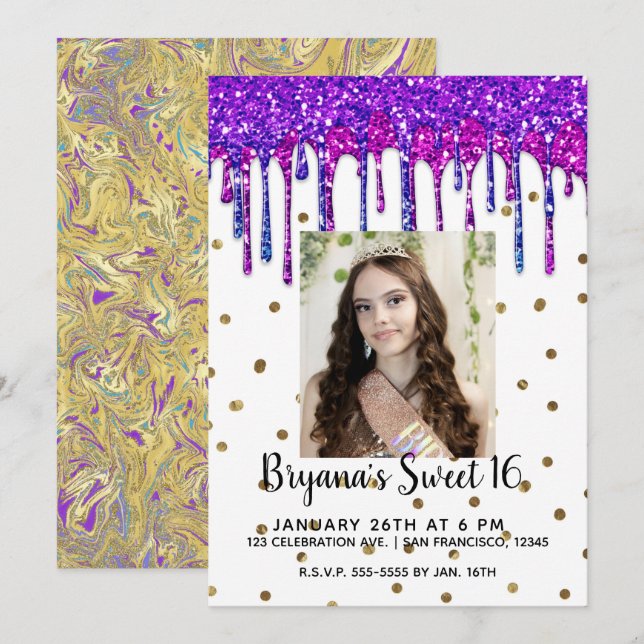Invitación Foto de Cumpleaños Sweet 16 con Drip de Brillo Ros (Anverso / Reverso)