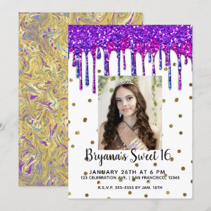 Invitación Foto de Cumpleaños Sweet 16 con Drip de Brillo Ros
