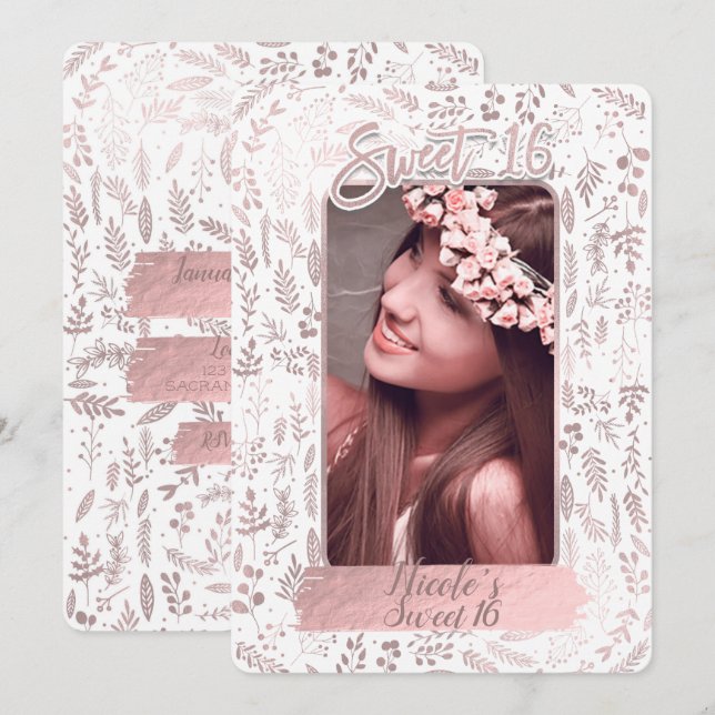 Invitación Foto de cumpleaños Sweet 16 moderna con lámina de  (Anverso / Reverso)