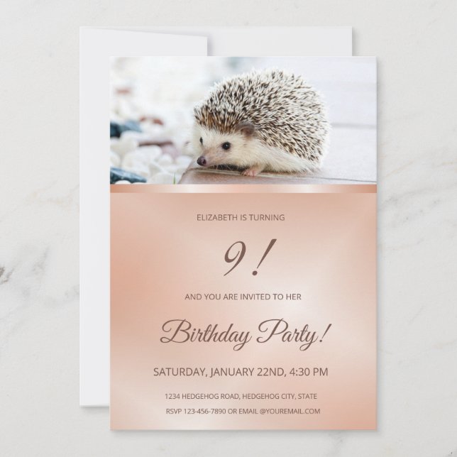 Invitación Foto de Cute Hedgehog | Rosas Chicas de oro (Anverso)