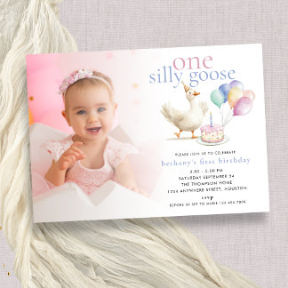 Invitación Foto de Cute One Silly Goose Overlay 1º cumpleaños