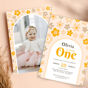 Invitación Foto de Daisy Boho Floral Primer Fiesta de cumplea
