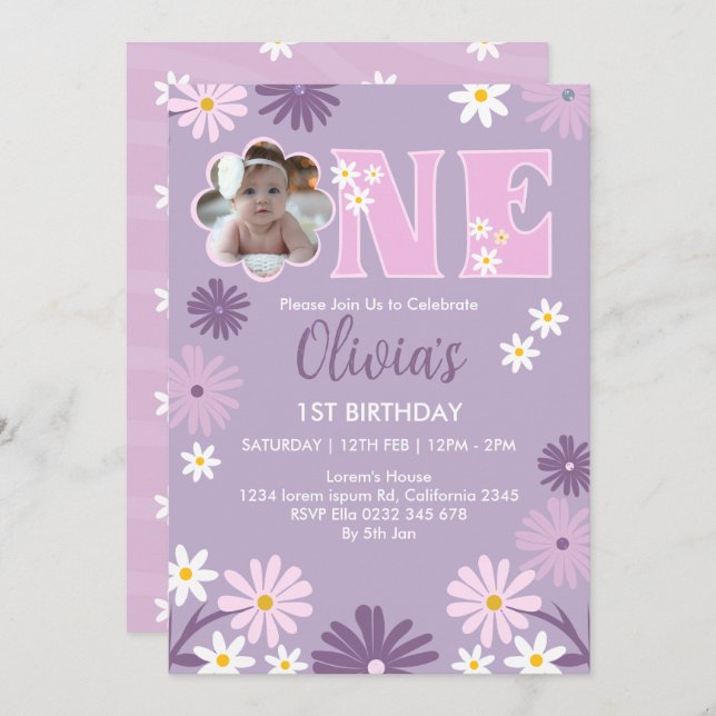 Invitación Foto de Daisy Flower One Chica Primer cumpleaños (Anverso / Reverso)