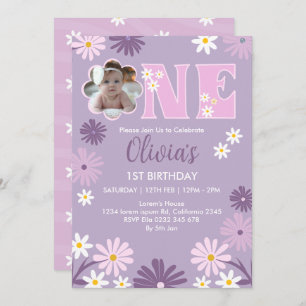 Invitación Foto de Daisy Flower One Chica Primer cumpleaños