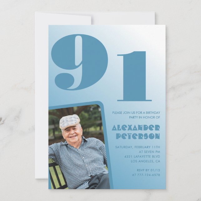 Invitación Foto de degradado azul retro Hombres cumpleaños 91 (Anverso)