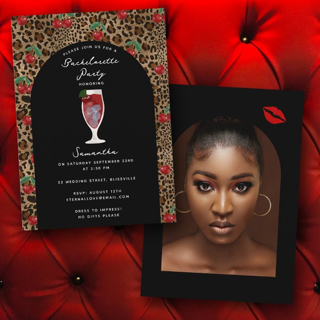 Invitación Foto de despedida de soltera con estampado de leop (Leopard Cheetah Print Cherry Bachelorette Photo Invitation)