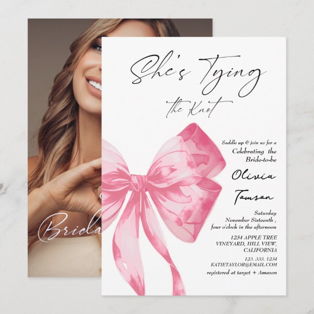 Invitación Foto de Despedida de Soltera con Lazo Rosa Ella se (Anverso / Reverso)