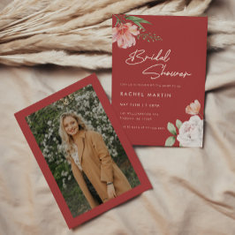 Invitación Foto de Despedida de Soltera Floral con Letra Roja
