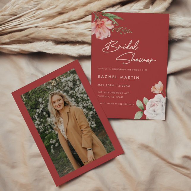 Invitación Foto de Despedida de Soltera Floral con Letra Roja (Subido por el creador)