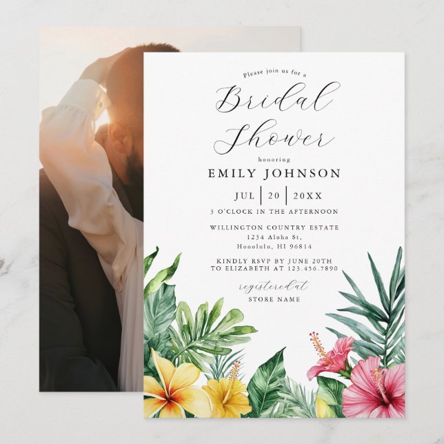 Invitación Foto de despedida de soltera floral tropical acuar (Anverso / Reverso)