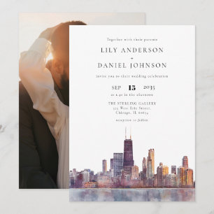 Invitación Foto de destino de la silueta de Chicago para boda