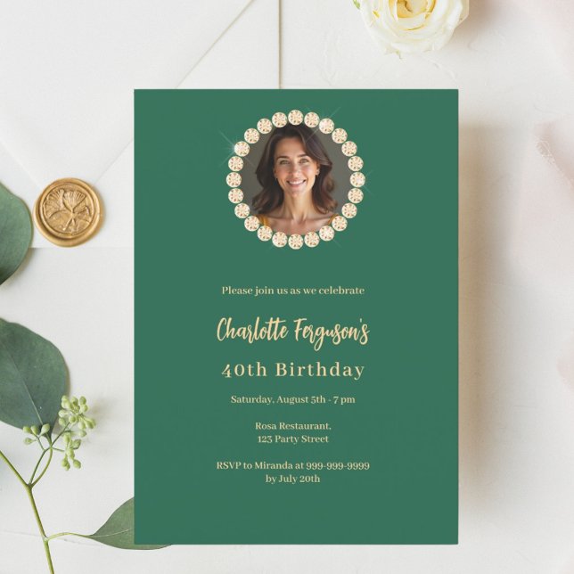 Invitación Foto de diamante de oro verde esmeralda de cumplea (Subido por el creador)